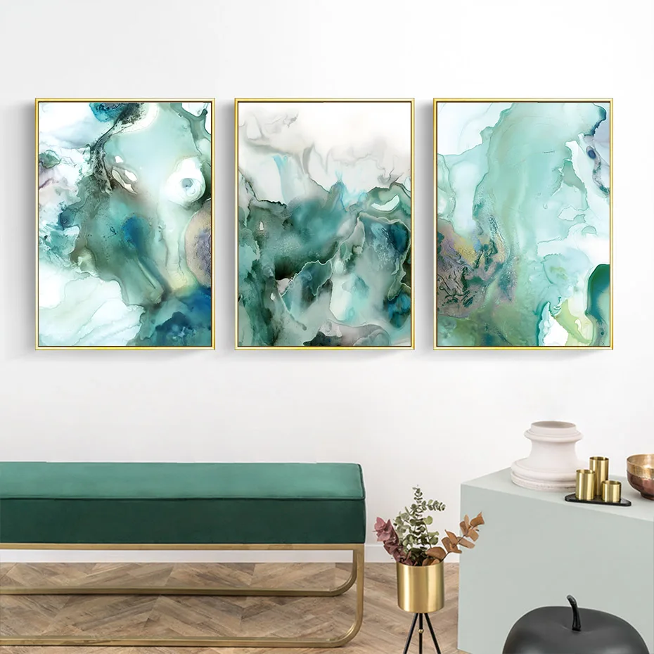 3PCS Modern Abstract Green Liquid Fluid Marble Posters Wall Art Canvas Painting Print Pictures Living Room Interior Home Decor