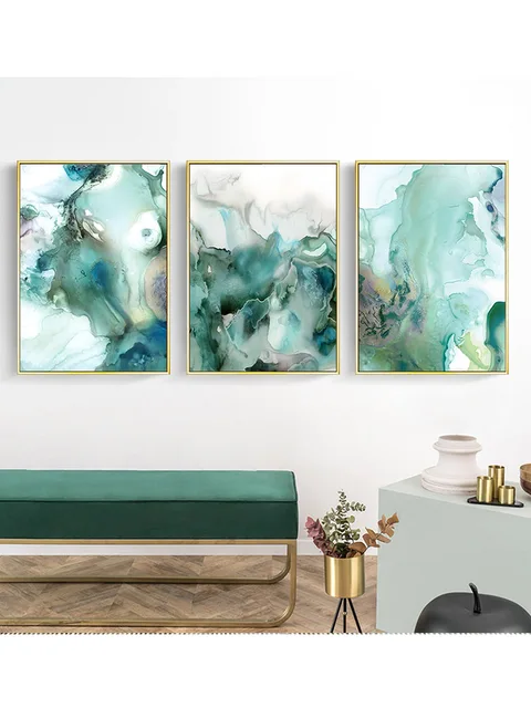 3PCS Modern Abstract Green Liquid Fluid Marble Posters Wall Art Canvas Painting Print Pictures Living Room Interior Home Decor