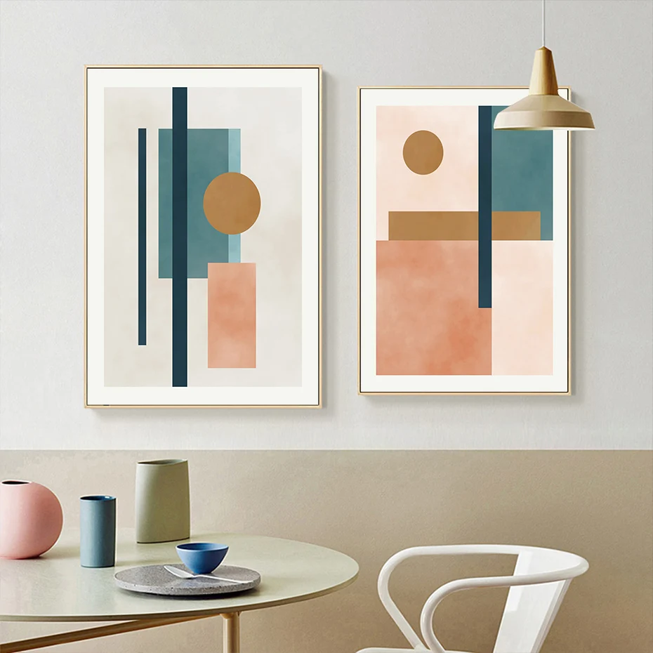Modern Abstract Watercolor Beige Pink Blue Geometric Canvas Painting Wall Art Posters Prints Picture Living Room Home Decoration