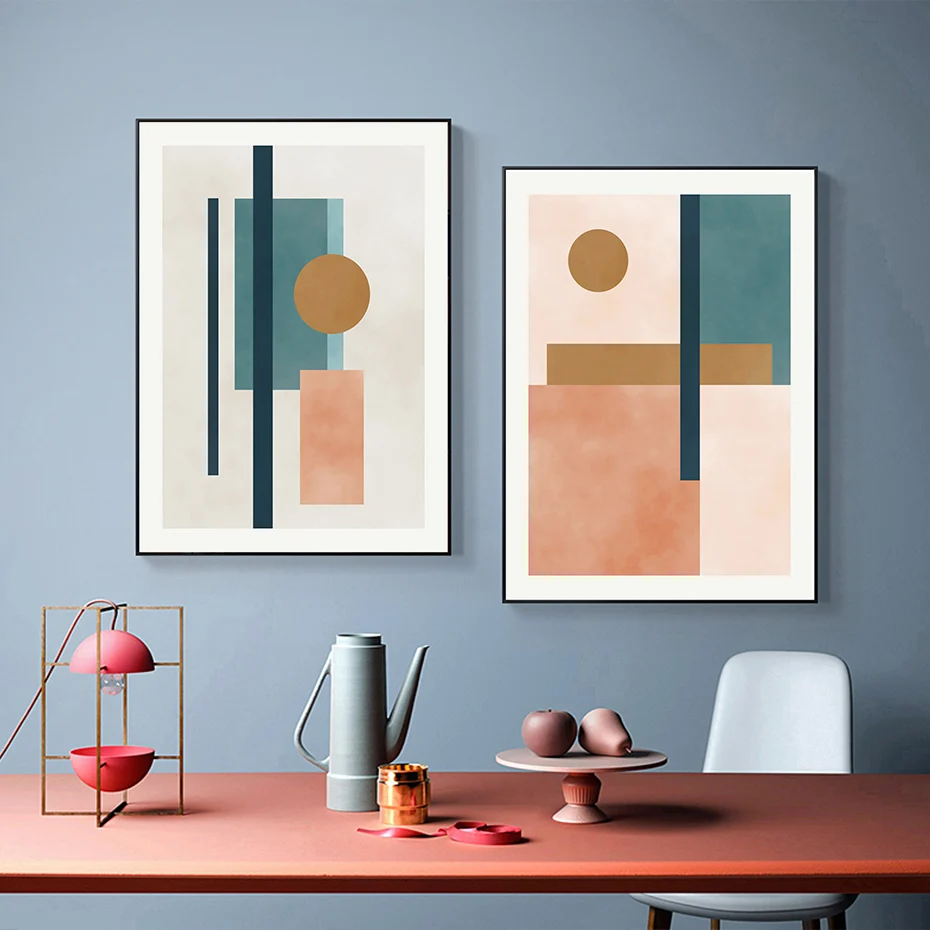 Modern Abstract Watercolor Beige Pink Blue Geometric Canvas Painting Wall Art Posters Prints Picture Living Room Home Decoration