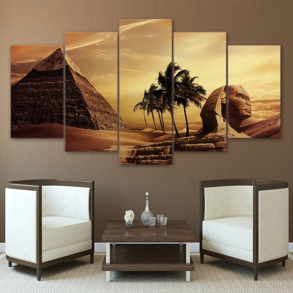 5Pcs Canvas Paintings Poster Modular Decor Room Wall  Pyramids Egypt Androsphinx Sunset Scenery Pictures Art Hd Prints