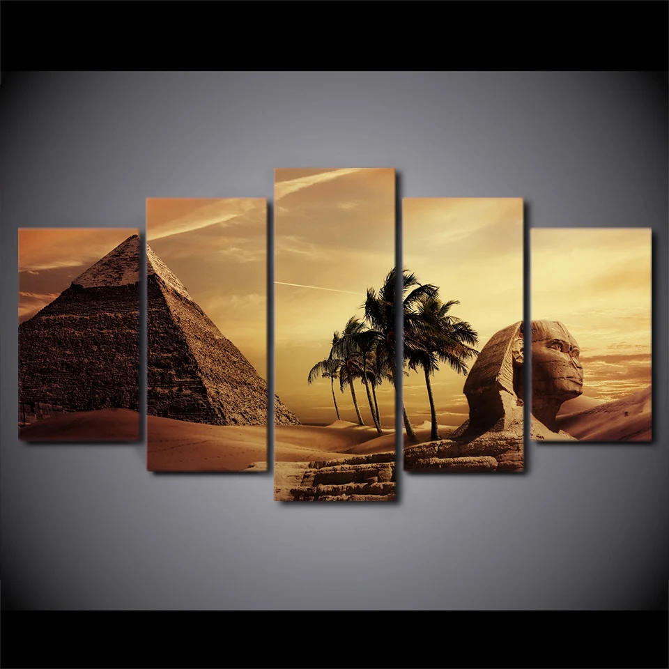 5Pcs Canvas Paintings Poster Modular Decor Room Wall  Pyramids Egypt Androsphinx Sunset Scenery Pictures Art Hd Prints