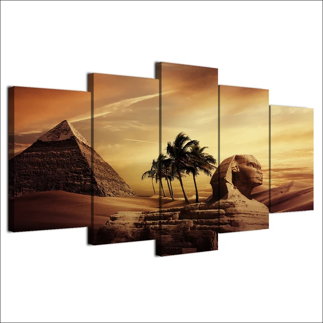 5Pcs Canvas Paintings Poster Modular Decor Room Wall  Pyramids Egypt Androsphinx Sunset Scenery Pictures Art Hd Prints