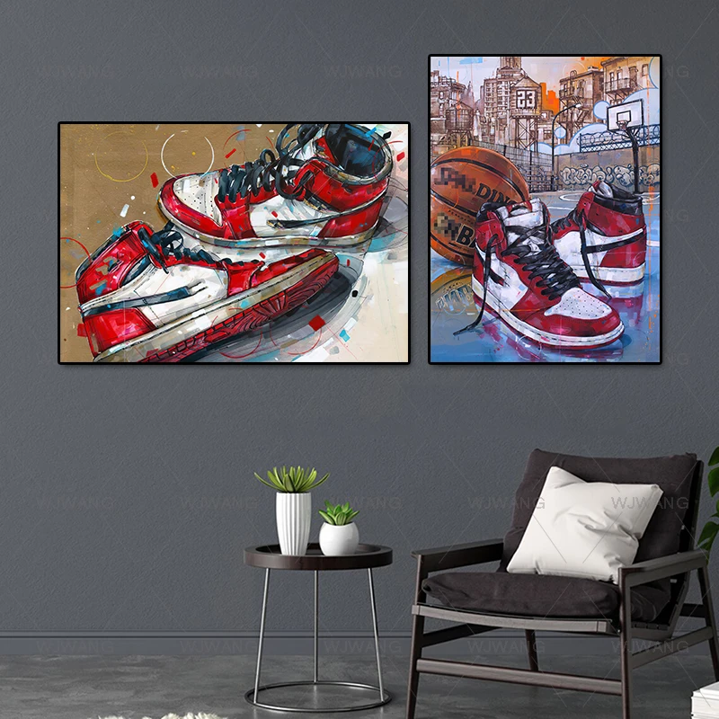 Graffiti Trendy Sneakers Canvas Painting Retro High Sports Shoes Basketball Posters and Prints Wall Art for Office Home Decor