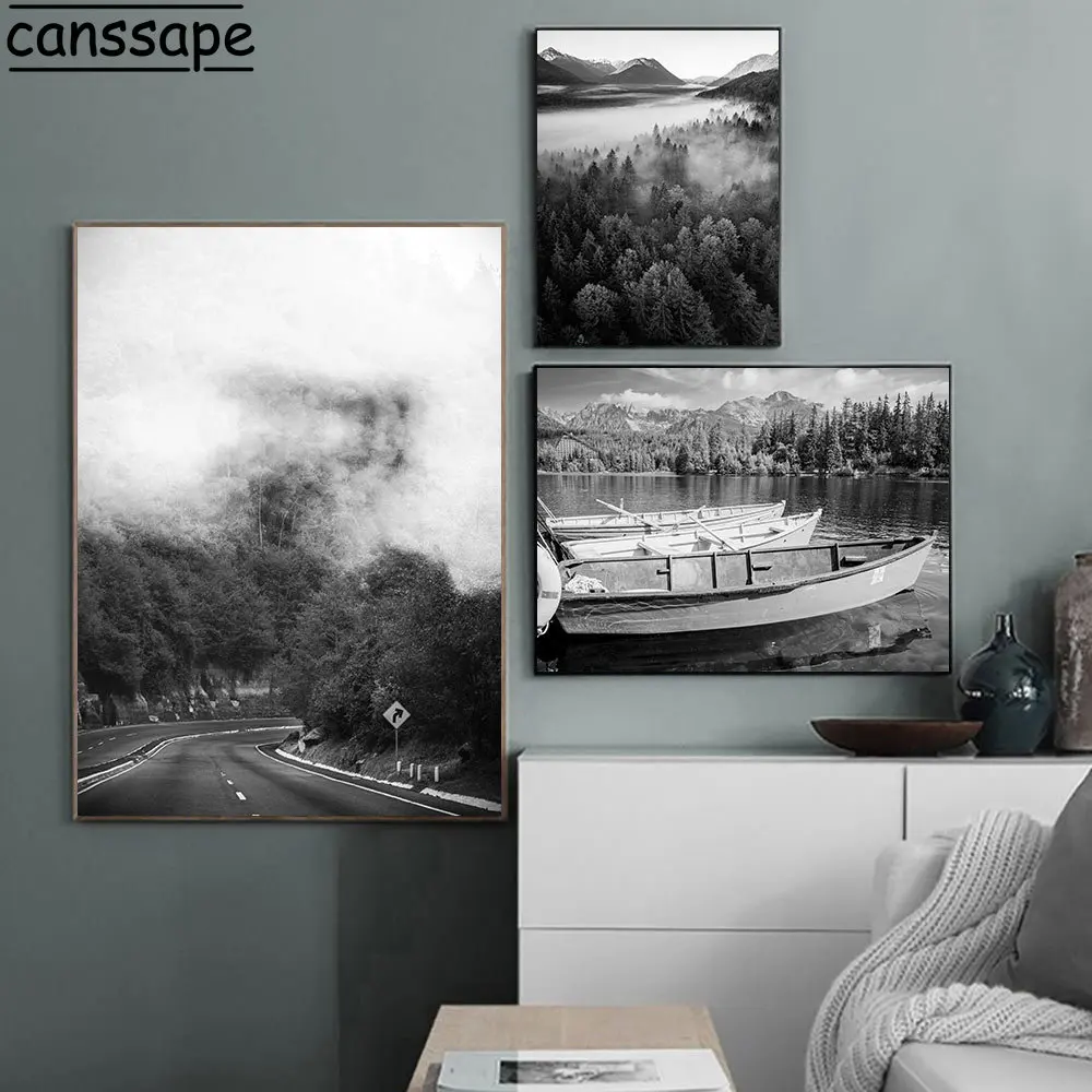 Black and White Scenery Wall Pictures Mountain Fog Posters Lake Street Ship Canvas Painting Nordic Art Posters Living Room Decor