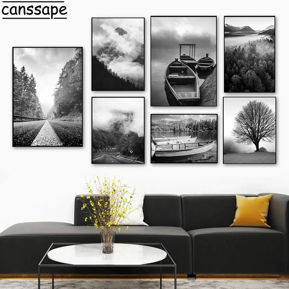 Black and White Scenery Wall Pictures Mountain Fog Posters Lake Street Ship Canvas Painting Nordic Art Posters Living Room Decor