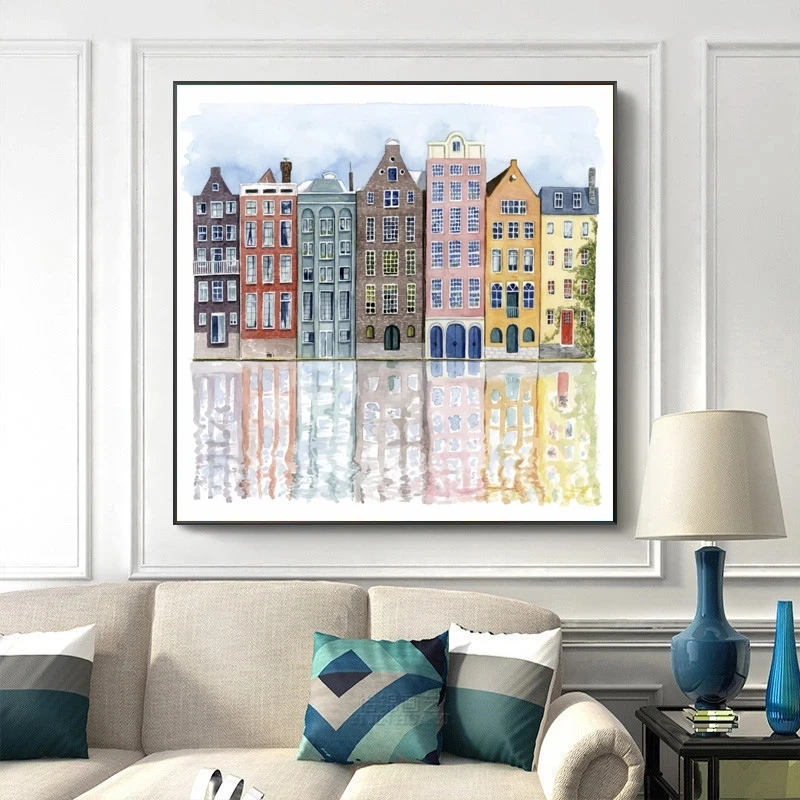 Canvas Painting Nordic Watercolor Building Landscape Wall Art Posters and Prints Picture for Living Room Home Decor Cuadros
