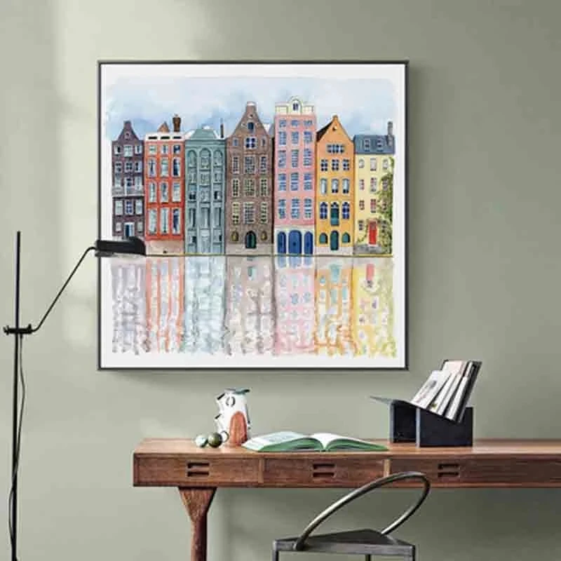 Canvas Painting Nordic Watercolor Building Landscape Wall Art Posters and Prints Picture for Living Room Home Decor Cuadros