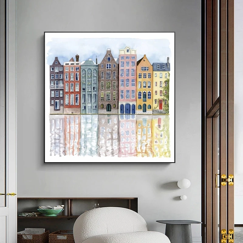 Canvas Painting Nordic Watercolor Building Landscape Wall Art Posters and Prints Picture for Living Room Home Decor Cuadros