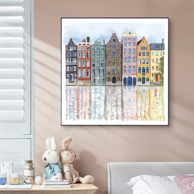 Canvas Painting Nordic Watercolor Building Landscape Wall Art Posters and Prints Picture for Living Room Home Decor Cuadros