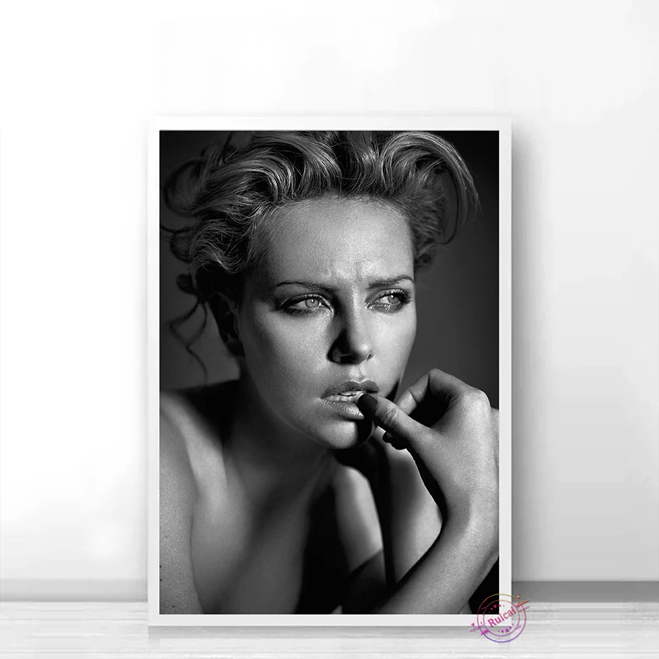 Charlize Theron Poster Sexy Actress Movie Star Model Canvas Art Bar Black And White Wall Picture For Living Home Decor Gift