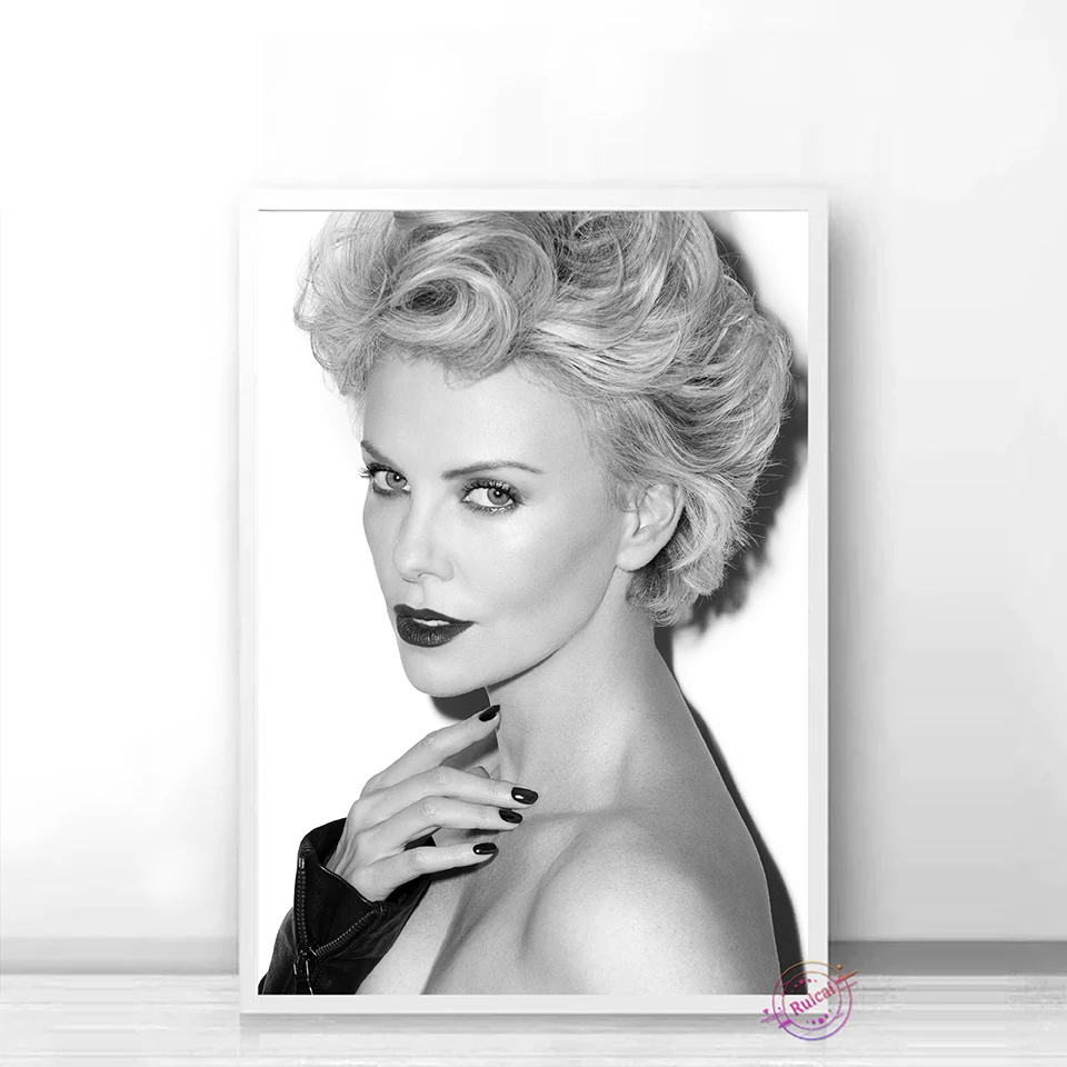 Charlize Theron Poster Sexy Actress Movie Star Model Canvas Art Bar Black And White Wall Picture For Living Home Decor Gift