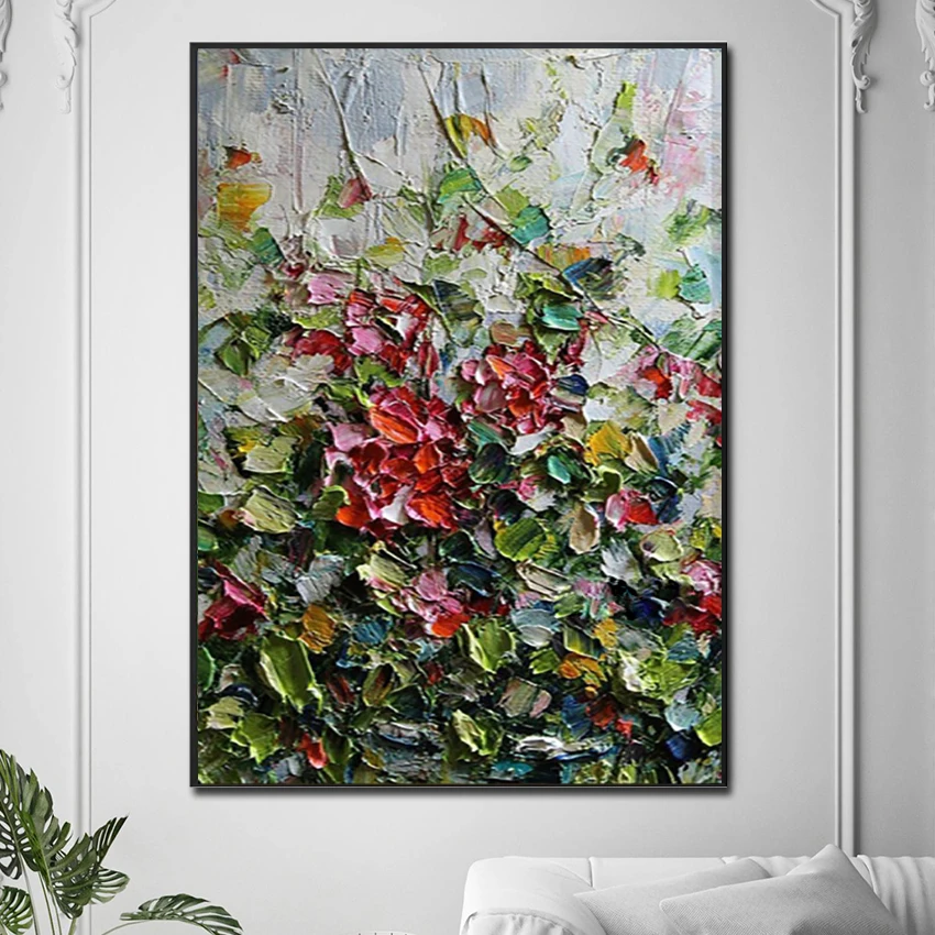 Hand-Painted Oil Painting Summer Green Plant Flower Painting Thick Texture Oil Painting For Porch Wall Living Room Decoration