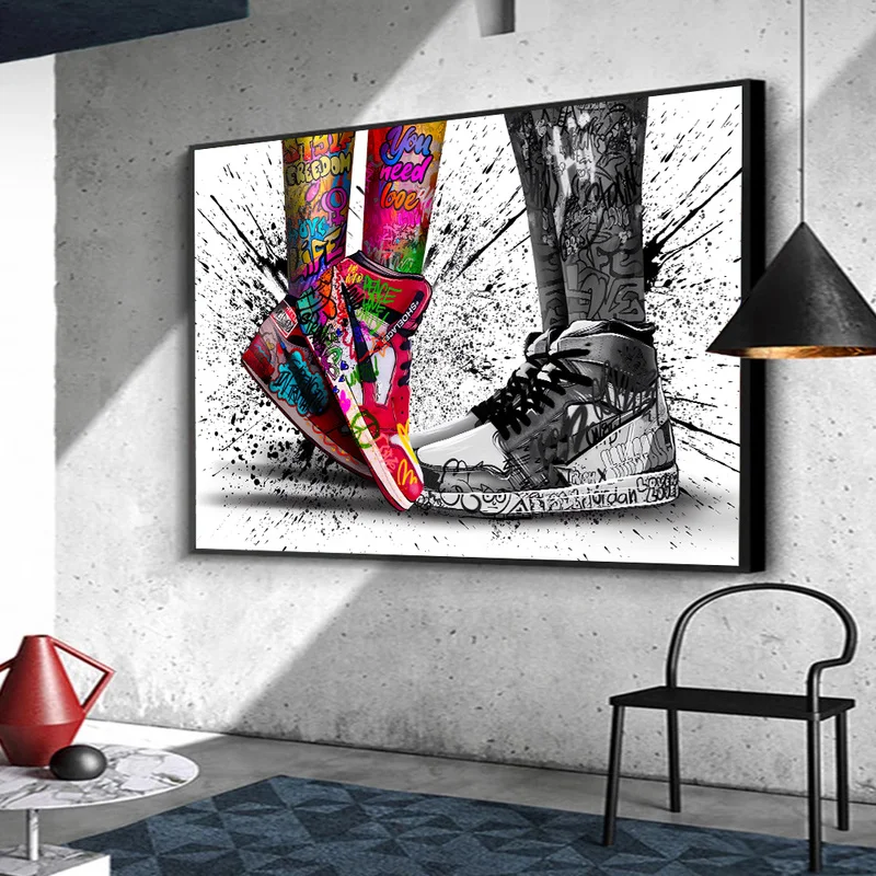 Abstract Sneakers Shoes Graffiti Canvas Painting Fashion Sports Shoes Poster Watercolor Wall Art Room Decor Gift for Boyfriend
