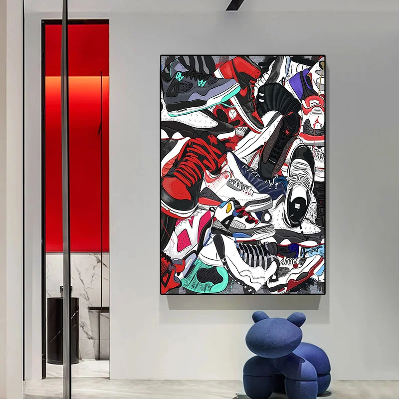 Abstract Sneakers Shoes Graffiti Canvas Painting Fashion Sports Shoes Poster Watercolor Wall Art Room Decor Gift for Boyfriend