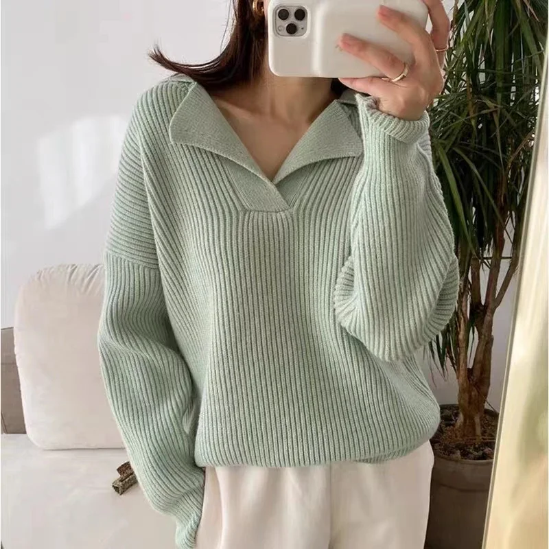 Zik Hekiy Women V-neck Long Sleeved Oversize Sweater Knitted Ribbed Loose Cashmere Sweater Winter Solid Pullovers Women Autumn