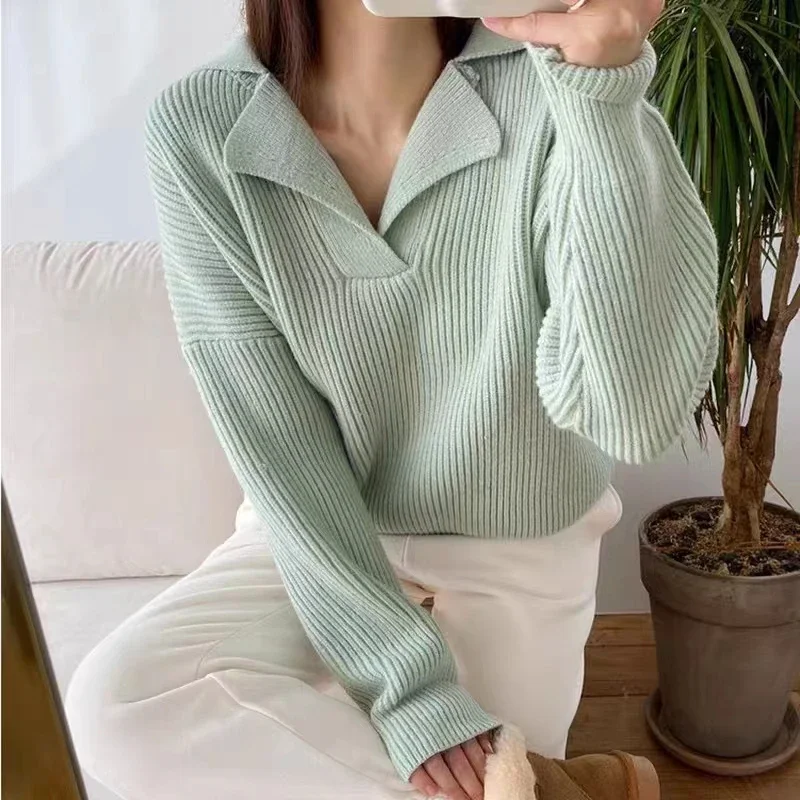 Zik Hekiy Women V-neck Long Sleeved Oversize Sweater Knitted Ribbed Loose Cashmere Sweater Winter Solid Pullovers Women Autumn