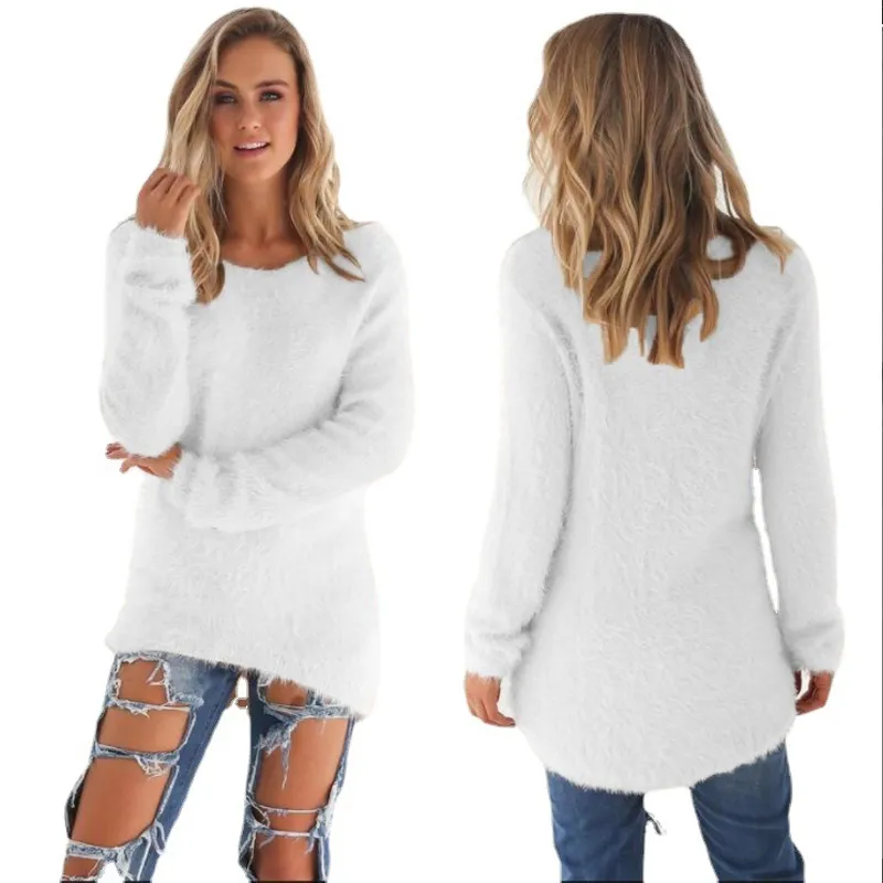 Women Warm Sweater Solid Color O Neck Loose Cotton Knitted Pullover Long Sweater Casual Oversize Blouse Ladies Hipster Clothing