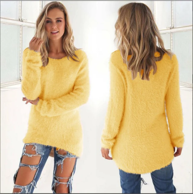 Women Warm Sweater Solid Color O Neck Loose Cotton Knitted Pullover Long Sweater Casual Oversize Blouse Ladies Hipster Clothing