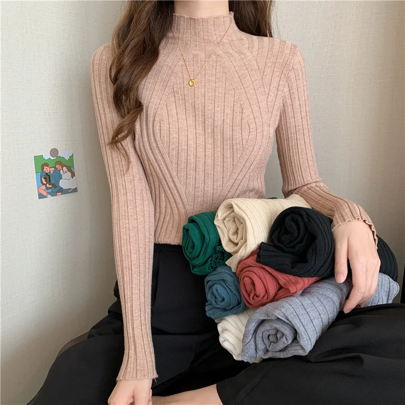 Knitted Sweaters Women Ribbed Pullover Half Turtleneck Jumper Sweater Autumn Winter Slim Chic Streetwear Long Sleeve Y2K Top