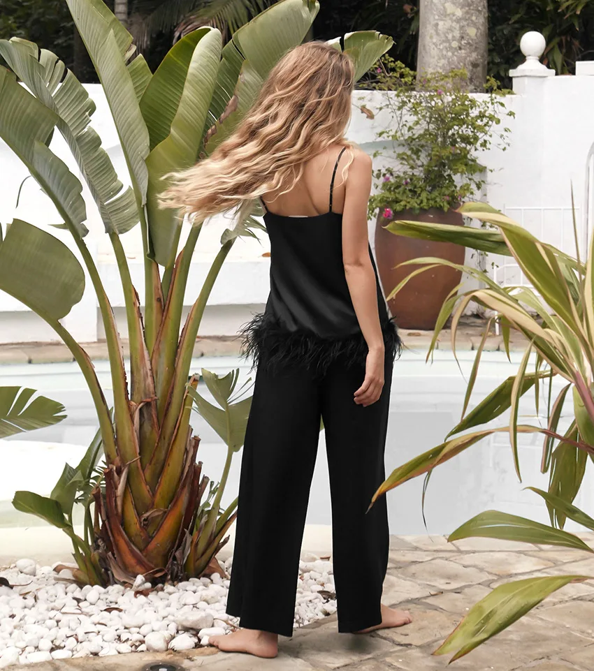 Chic Satin Pajamas With Feathers Sleepwear Women Sets With Pants Black Spaghetti Strap Home Suit White Trouser Suits 2022