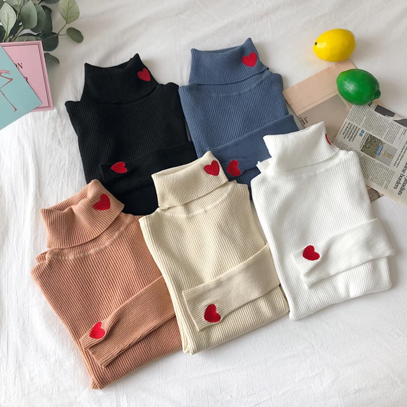 Heart Embroidery Turtleneck Knitted Women Sweaters Ribbed Pullovers Autumn Winter Basic Sweater Female Soft Warm Tops