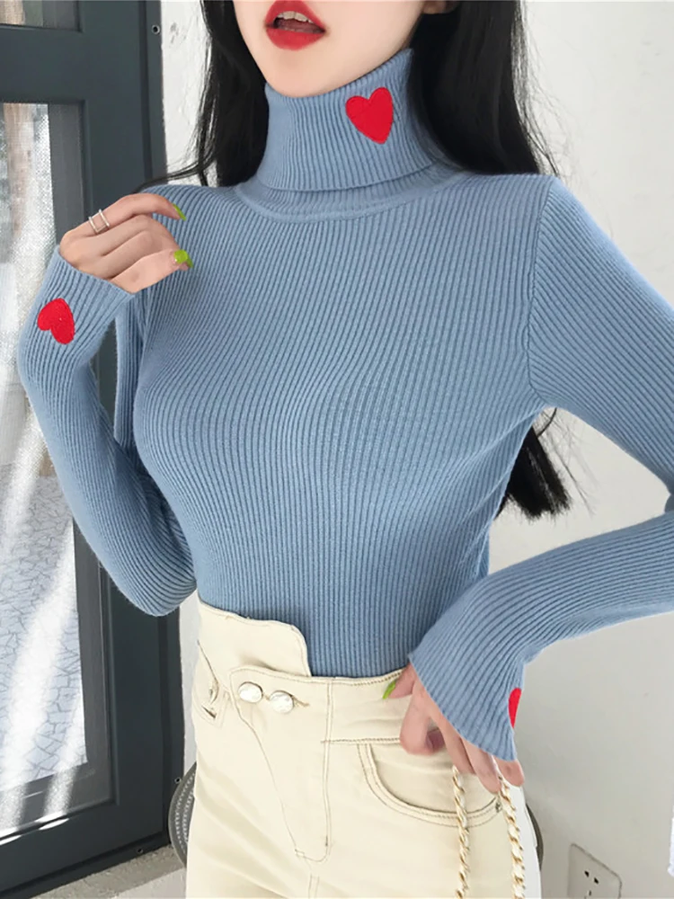 Heart Embroidery Turtleneck Knitted Women Sweaters Ribbed Pullovers Autumn Winter Basic Sweater Female Soft Warm Tops