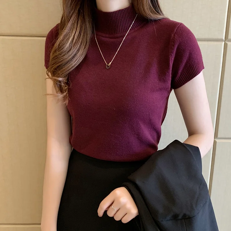 Casual Women Clothing Korean Short Sleeve Knitted Top Blusas Mujer De Moda Spring Summer Solid Slim Turtleneck White Blouse 8622