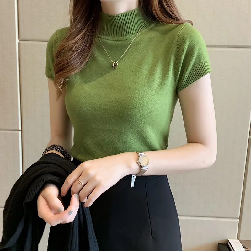 Casual Women Clothing Korean Short Sleeve Knitted Top Blusas Mujer De Moda Spring Summer Solid Slim Turtleneck White Blouse 8622