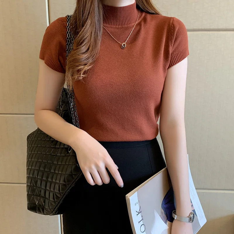 Casual Women Clothing Korean Short Sleeve Knitted Top Blusas Mujer De Moda Spring Summer Solid Slim Turtleneck White Blouse 8622