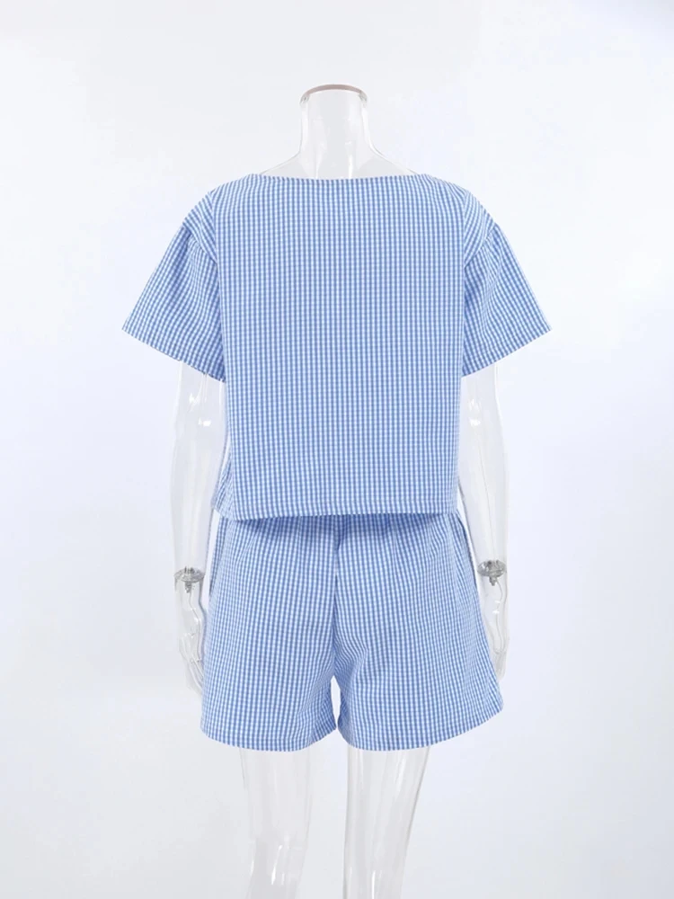 Blue Plaid Summer Women's Suit Short Sleeve Home Suit For Women Sets Round Neck Lacing Sexy Lingerie For Ladies