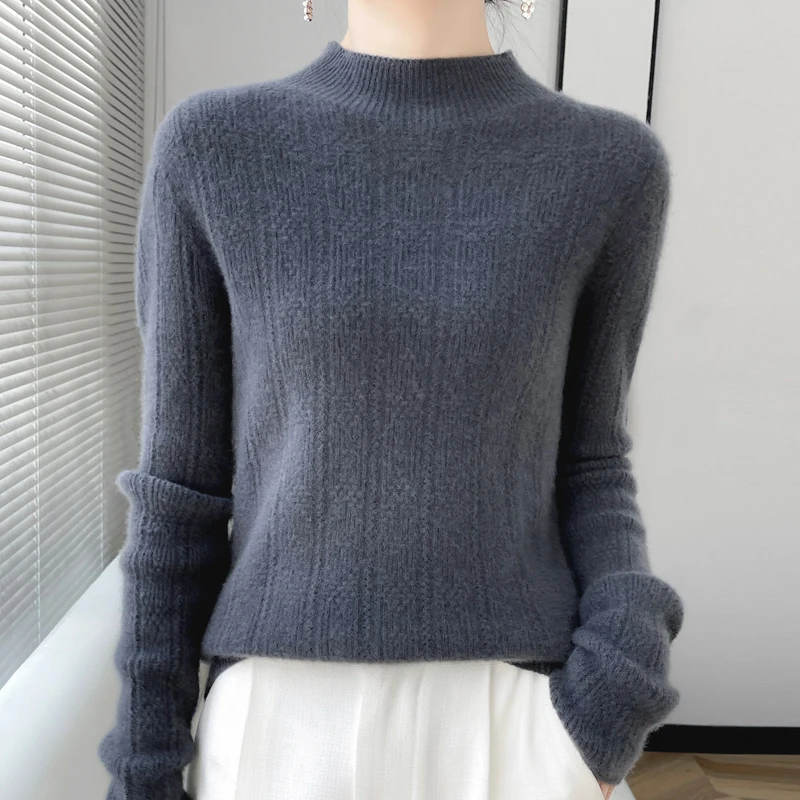Fall/Winter  Ladies' 100% Pure Wool Solid Color Half-high Neck Long Sleeve Fashion Warm Sweater