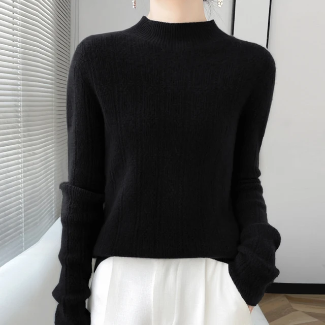 Fall/Winter  Ladies' 100% Pure Wool Solid Color Half-high Neck Long Sleeve Fashion Warm Sweater