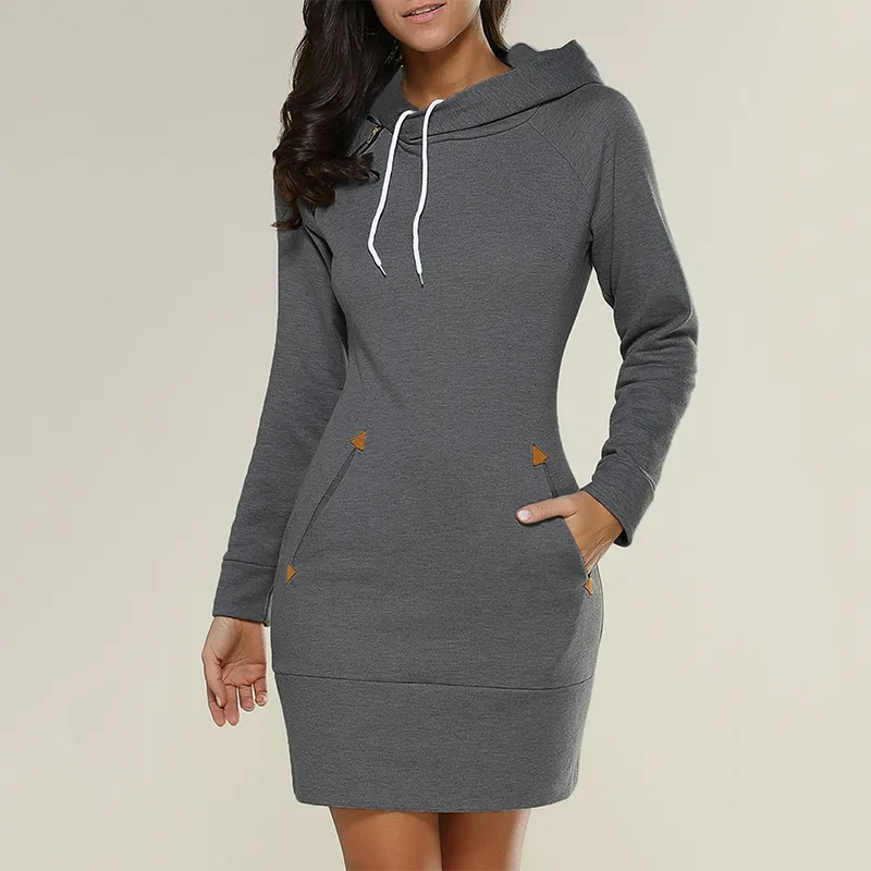 Women‘s Knee-Length Pockets Dress Hooded Warm Sweat Shirt Long Sleeve Side Zip Neckline Simple Casual Sports Skirt