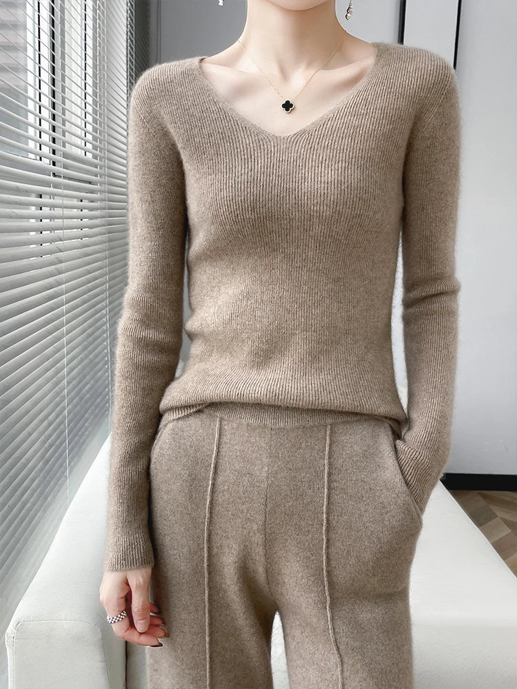 100% merino sweater women's V-neck pullover slim knit bottoming shirt long sleeve threaded cashmere top