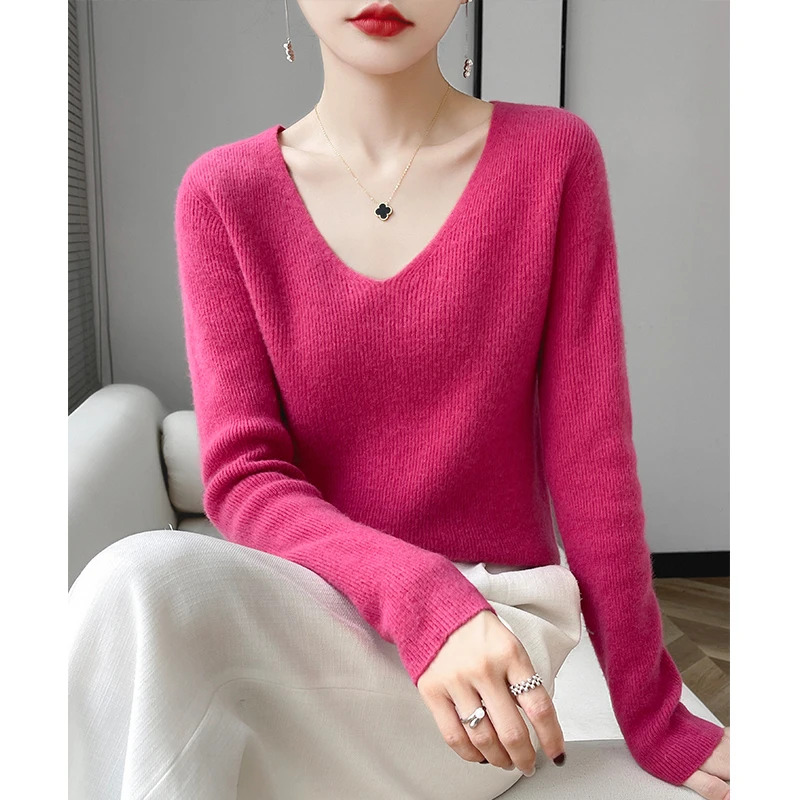 100% merino sweater women's V-neck pullover slim knit bottoming shirt long sleeve threaded cashmere top