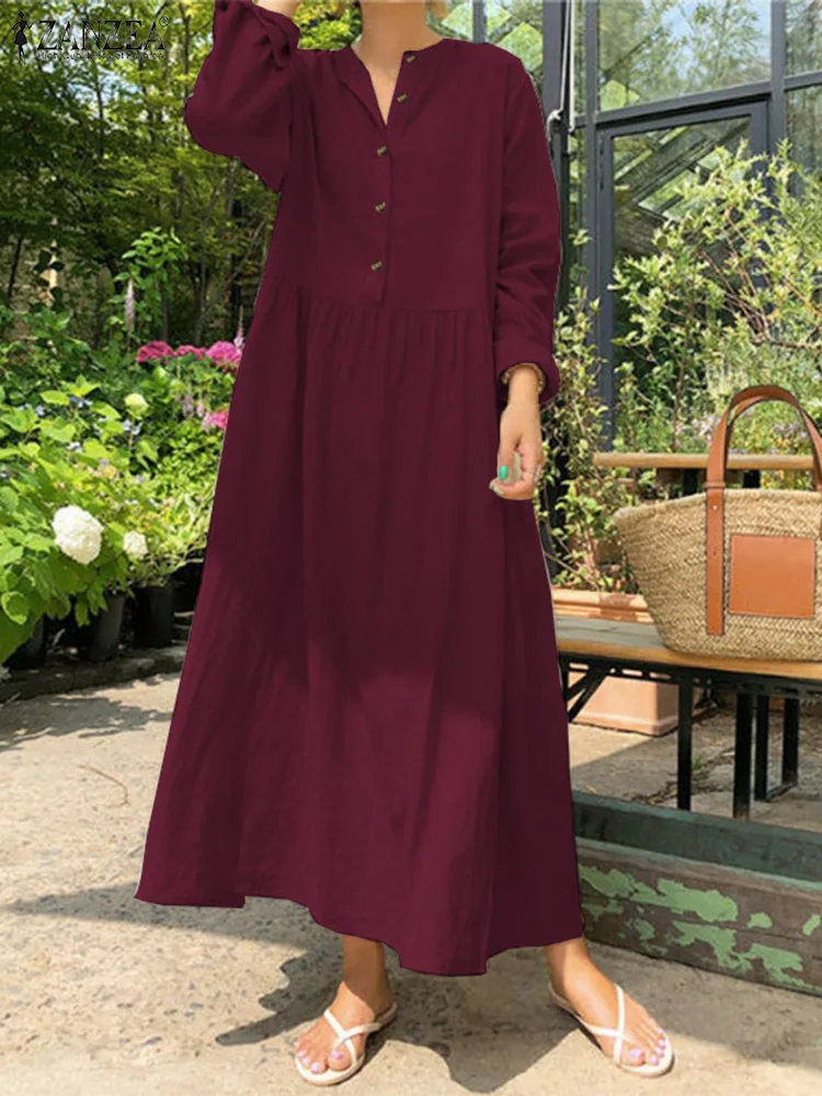 Women's Elegant Solid Cotton Robe Femme Spring Autumn Bohemian Maxi Dress ZANZEA Casual Long Sleeve Shirt Dresses Oversized