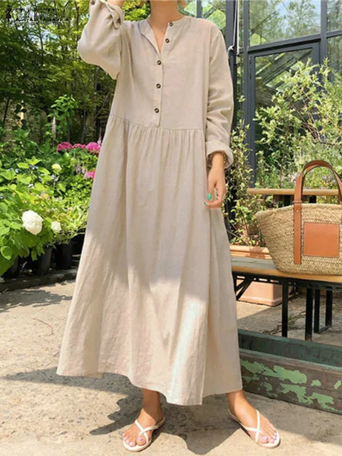 Women's Elegant Solid Cotton Robe Femme Spring Autumn Bohemian Maxi Dress ZANZEA Casual Long Sleeve Shirt Dresses Oversized