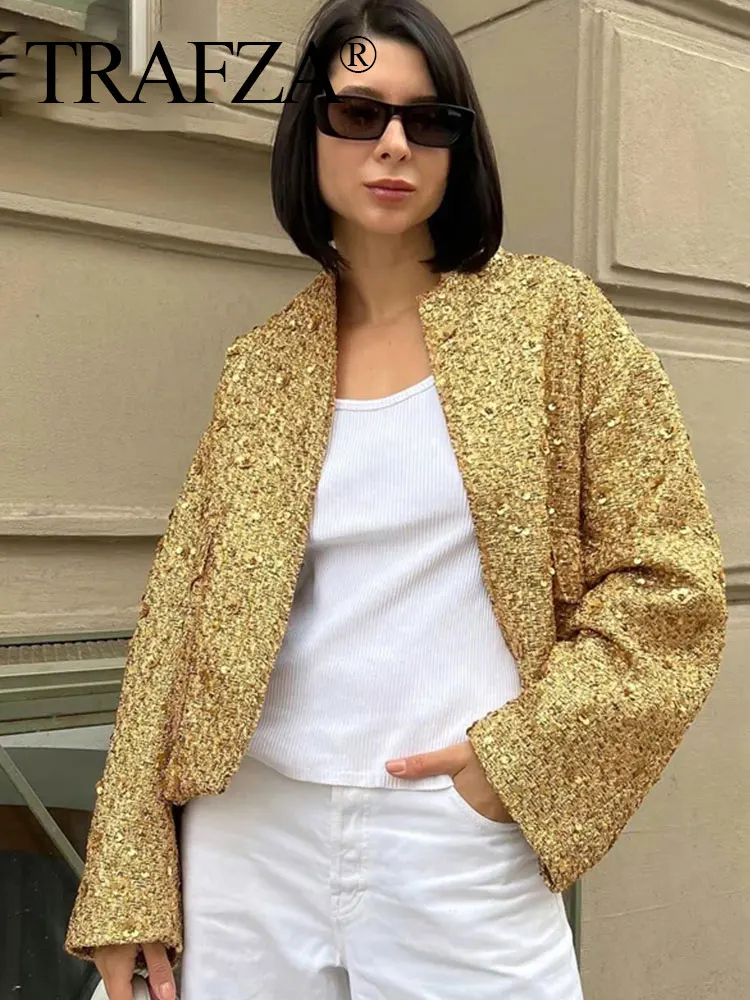 Autumn Women Elegant Gold Coat Single Breasted Long Sleeve Jacket With Pockets Female Fashion Streetwear Chic Coats