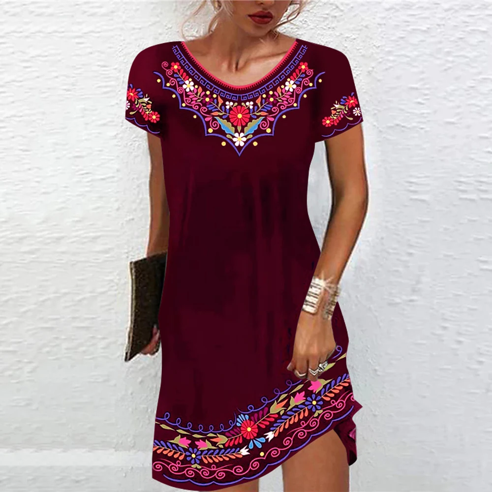 M-3XL Vintage Elegant Ethnic Dress for Women  Summer Loose Bohemian Beach Midi Dress Casual Female Clothing Pullover Skirt
