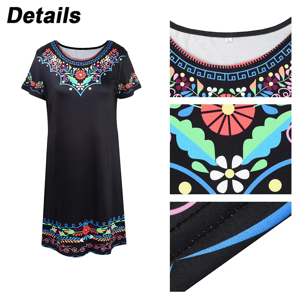 M-3XL Vintage Elegant Ethnic Dress for Women  Summer Loose Bohemian Beach Midi Dress Casual Female Clothing Pullover Skirt
