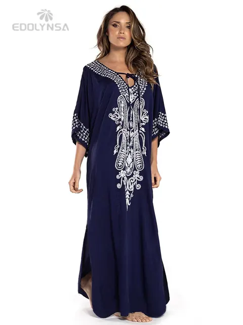 Indie Folk Lace Up V-Neck Batwing Sleeve Summer Beach Dress  Tunic Women Beachwear kaftan Maxi Dress Robe Sarong Q775