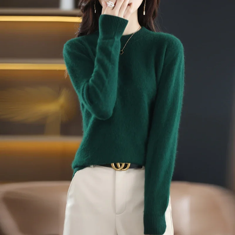 Pure Mink Cashmere Sweater For Women's Long Sleeved Warm Autumn And Winter Loose Knit Pullover With Solid Color Base Top