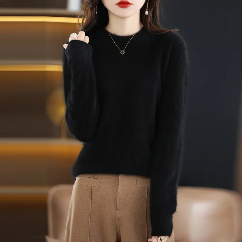 Pure Mink Cashmere Sweater For Women's Long Sleeved Warm Autumn And Winter Loose Knit Pullover With Solid Color Base Top