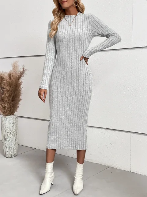 Women Sexy Knitted Dress O-neck Cotton Maxi Long Dresses Autumn Winter Full Sleeve Stretch Basic Bodycon Solid Sweater