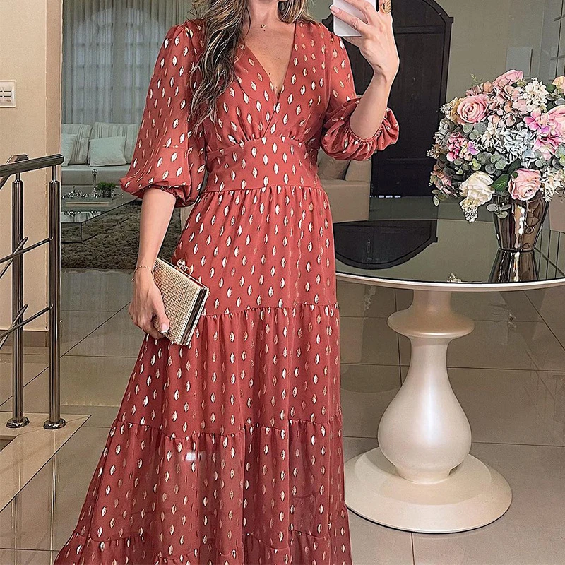 Sexy V-neck High Waist Boho Maxi Dress Women Spring Polka Dot Print Elegant Long Dress New Summer Short Sleeve Loose Beach Dress