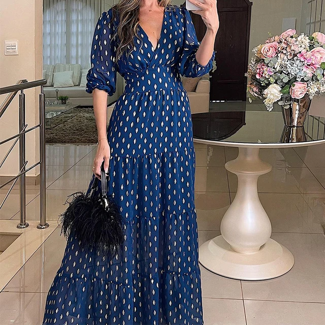 Sexy V-neck High Waist Boho Maxi Dress Women Spring Polka Dot Print Elegant Long Dress New Summer Short Sleeve Loose Beach Dress