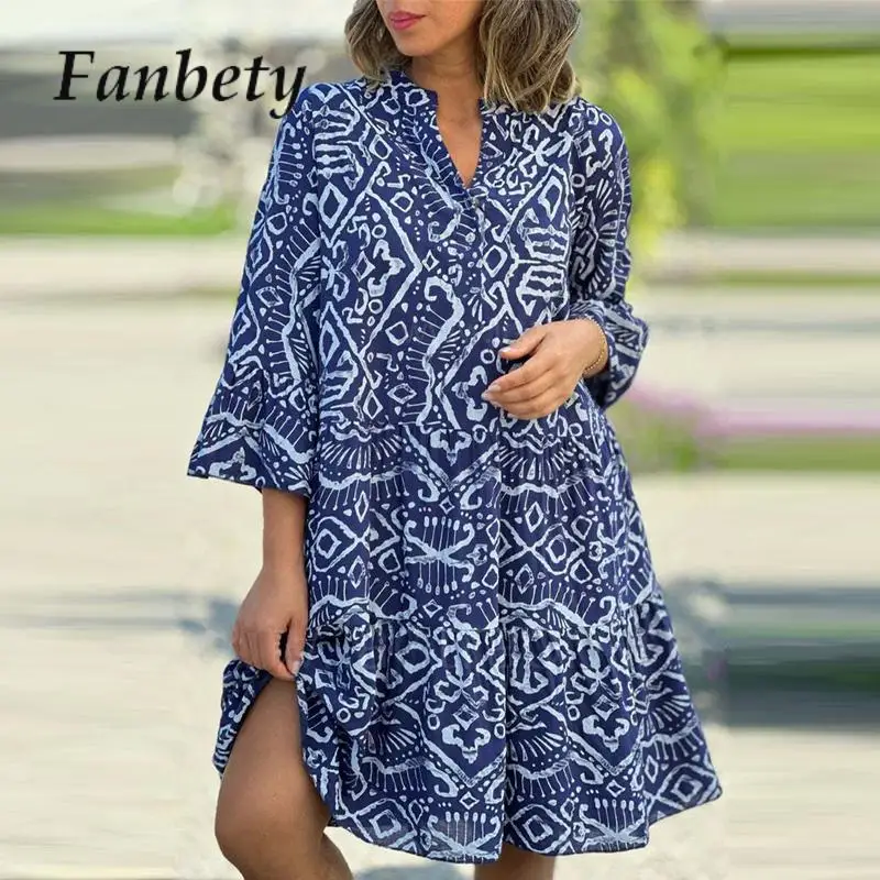 Fashion Bohemian Style Printed 3/4 Sleeve Dresses Women Sexy V-neck Loose A-line Mini Dress Casual Elegant Beach Robes Vestidos