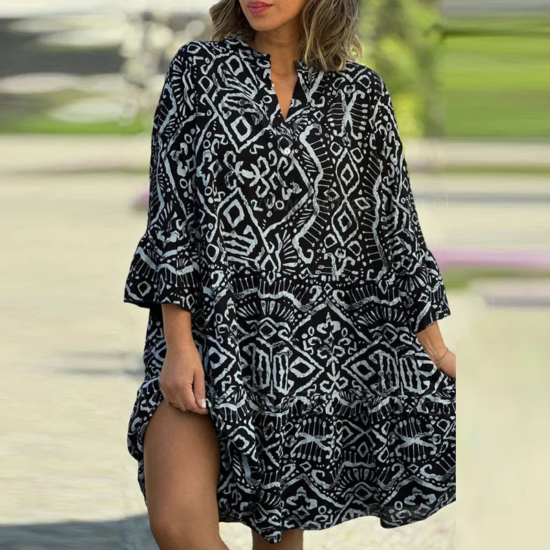 Fashion Bohemian Style Printed 3/4 Sleeve Dresses Women Sexy V-neck Loose A-line Mini Dress Casual Elegant Beach Robes Vestidos