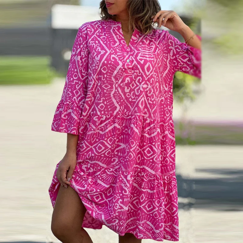 Fashion Bohemian Style Printed 3/4 Sleeve Dresses Women Sexy V-neck Loose A-line Mini Dress Casual Elegant Beach Robes Vestidos